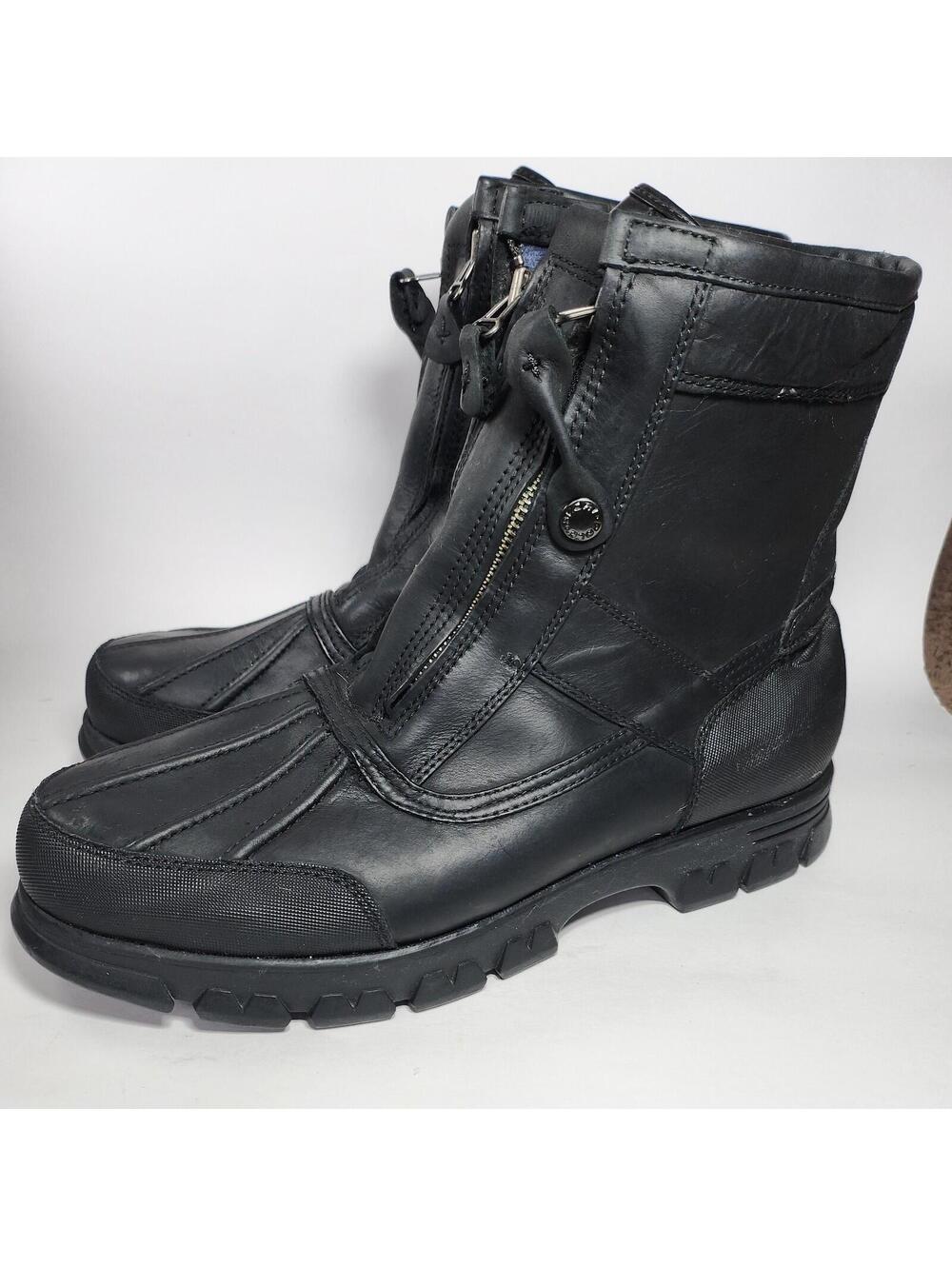 VTG 90s Polo Sport Ralph Lauren Black Leather Winter Boots Size 13D Bikers Moto